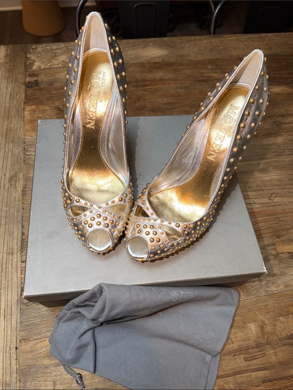 Alexander McQueen Gold Studded Peep-Toe Pumps